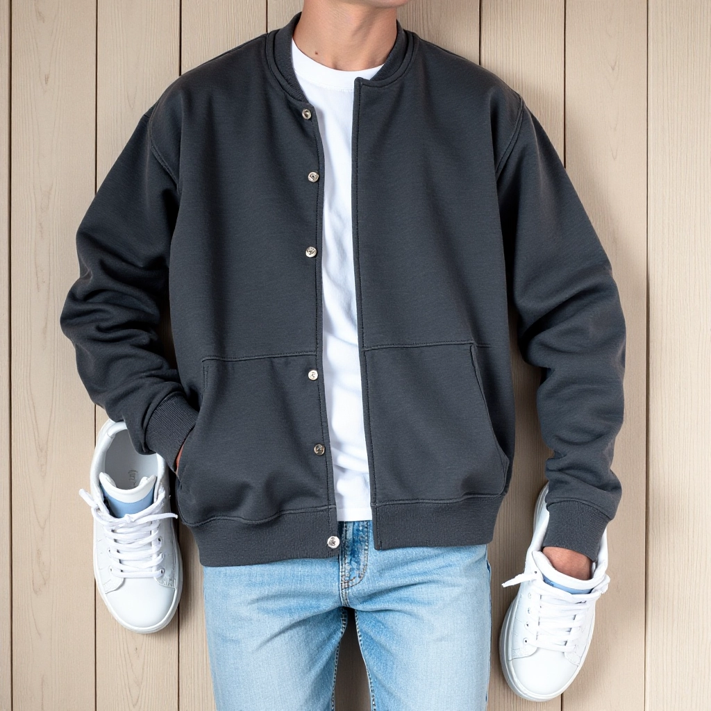 Styled outfit flat lay with charcoal sweatshirt layered over white t-shirt with light blue jeans and white sneakers on wooden floor
