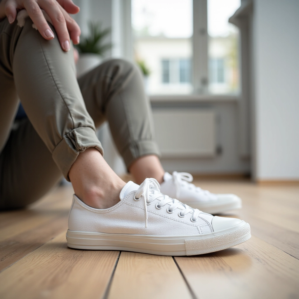 White canvas sneaker styled with casual outfit on wooden floor, natural daylight, lifestyle photography