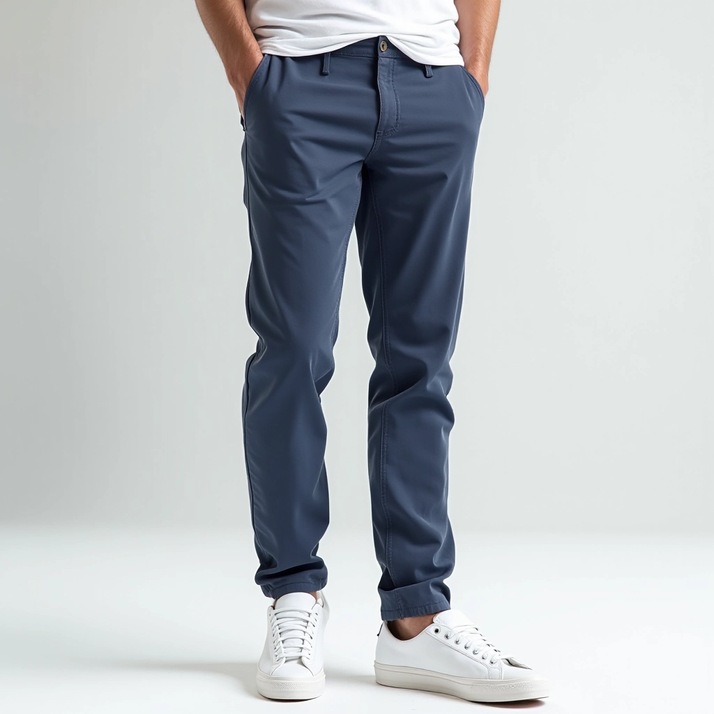 Man wearing navy slim-fit chino trousers with white t-shirt and white canvas sneakers, casual weekend styling in urban setting