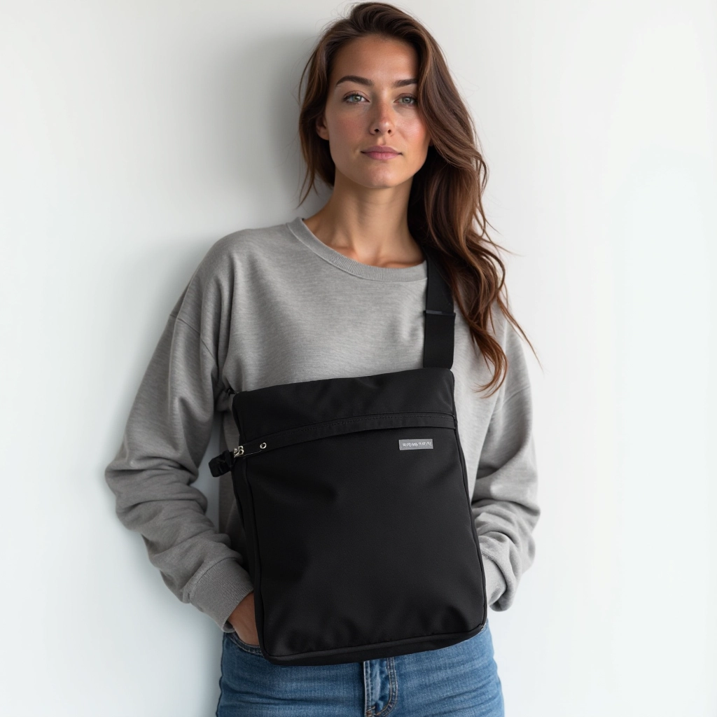 Person wearing black canvas shoulder bag in casual outdoor setting, crossbody style, natural daylight with urban background