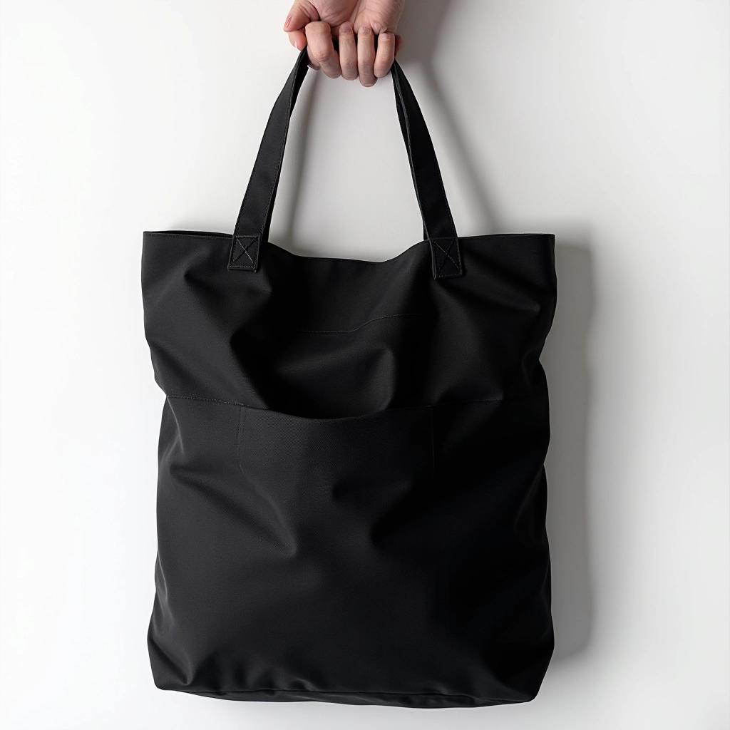 Black canvas shoulder bag open, showing internal zippered pocket and main compartment layout with structured base