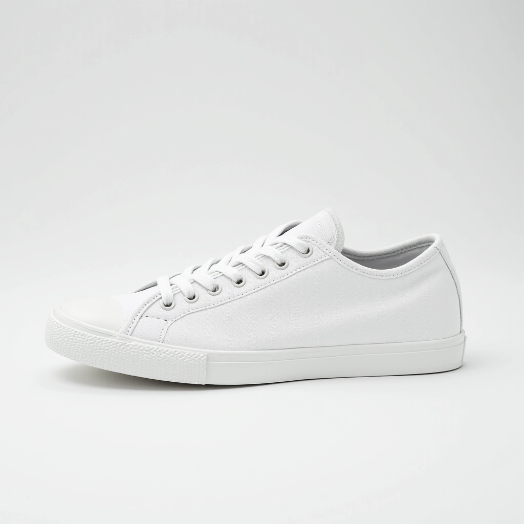 White canvas low-top sneaker with reinforced toe cap and rubber sole, professional studio photography